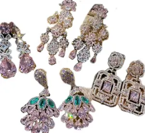Wholesale Fashion Luxury Jewelry 18K Gold Plated Zircon Flower Waterdrop Square Papalacha Pink Gemstone Diamond Jewelry Earrings
