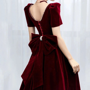 <b>Burgundy</b> <b>Velvet</b> Evening Gown Square Neck Short Sleeve Vintage Style Wedding Party <b>Dress</b> Plus Size Women - Product Image 4