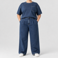 Ensemble deux pièces en jean bleu pour femmes grandes tailles, chemise à manches courtes et jean à jambes larges, taille US, OEM ODM, vente en gros