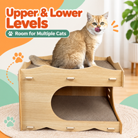 Maison pour chat en carton ondulé à double niveau, imitation bois, grande entrée ronde, lit pour chat, griffoir multi-surfaces