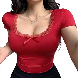 Women <strong>Red</strong> Short Sleeve <strong>Crop</strong> T-Shirt Lace Edge U Neck Bow Decor Slim Fitted Casual <strong>Top</strong> - Product Image 4