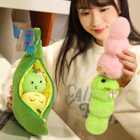 Coussin en peluche en forme de gousse de pois avec fermeture éclair, doux et rembourré, avec poupée de coléoptère mignonne amovible en forme de pois chiche, idéal pour un cadeau