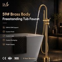 Robinet de baignoire sur pied en laiton massif avec douchette à main, double poignée, finition or brossé, ensemble de douche pour salle de bain, hôtel, villa