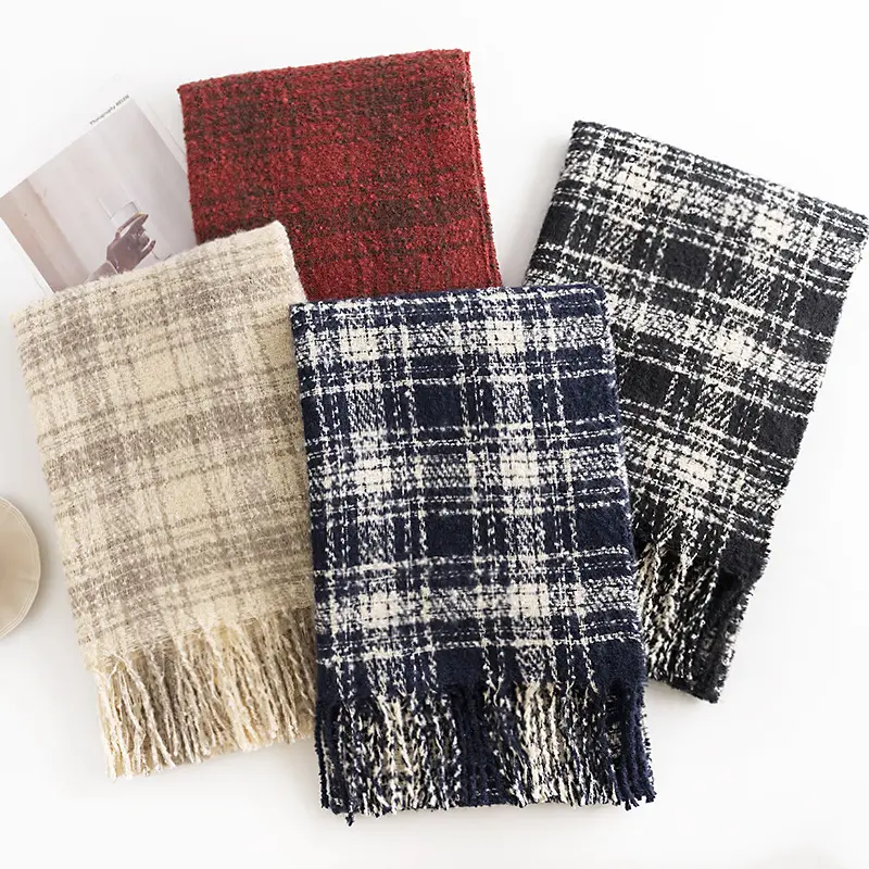 Wholesale Winter Warm Soft Pashmina Neck Scarves Shawl Plaid Tassel Cashmere Winter Scarf for Women