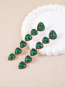 Green or Champagne <b>Glass</b> Heart Shaped Pendants Statement Gold Color Long Drop Earrings for Women <b>Girls</b> Fashion Jewelry - Product Image 5