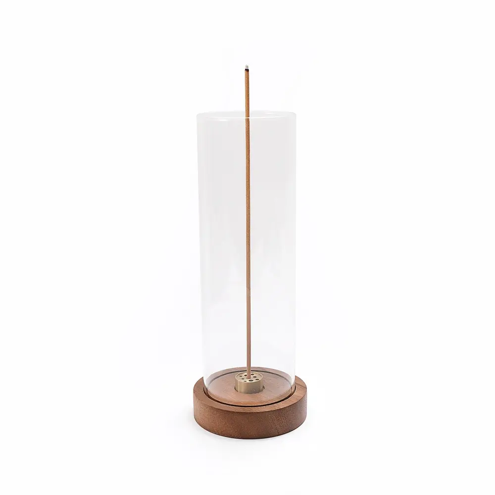 Wood base brass incense holder with glass cover Incense burner holder Walnut wood incense stick holder for Yoga meditation home