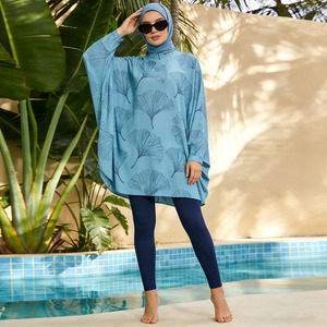 Blue Abstract Leaf Kaftan Burkini Swimwear <b>Set</b> For Women <b>Modest</b> Sleeve Pants Hijab Quick Dry Beachwear - Product Image 6
