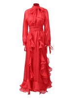Robe de bal style palais pour mondaine, longue, couleur unie, col montant, nouvelle collection été, avec volants