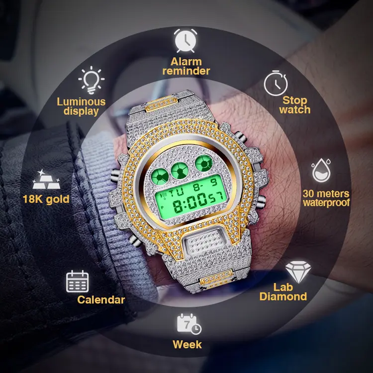Dropshipping G Style Shock Resistant Chronograph Men Watches Top Brand Luxury Bling Bling Digital Diamond Hip Hop Iced Out Watch