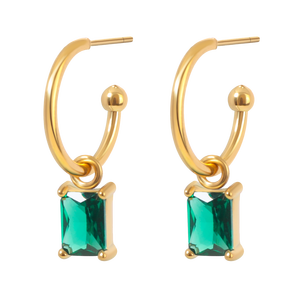 Gold Plated Hoop <b>Earrings</b> With Emerald Cut <b>Red</b> Crystal Charm For Women Classic Geometric Style Everyday Wear - Product Image 2