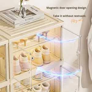 صندوق أحذية قابل للطي بسعة كبيرة صف مزدوج خزانة أحذية بلاستيكية شفافة غير قابلة للتثبيت مغناطيسية مزدوجة الباب - Product Image 4