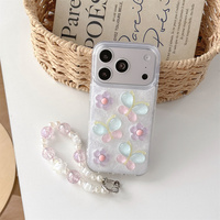 Coque de téléphone transparente en époxy avec motif floral 3D papillon et perles de cristal, style gelée pastel, pour iPhone 17 Pro Max 16 15 14, avec dragonne