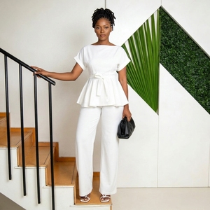 <span class=keywords><strong>Ensemble</strong></span> deux pièces d'été pour <span class=keywords><strong>femme</strong></span> grande taille, haut peplum rouge, col bateau, manches courtes, pantalon droit à taille ceinturée, élégant et amincissant - Product Image 3