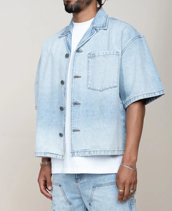 Heren Korte Mouw Denim Jeans Shirt Meest Comfortabele Knoopsluiting Shirt Heren Met Goedkope Prijs Zuur Gewassen Vintage Shirt - Product Image 3