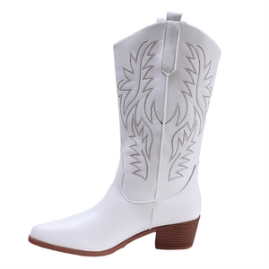 Stivali da cowboy alti fino al ginocchio da donna, con tacco a blocco, decorazioni floreali vintage ricamate, modello slip-on, in saldo. - Product Image 5
