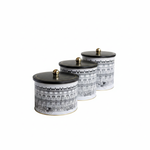 Kontensan Round <b>Metal</b> <b>Tin</b> Canister Set Dia 175 mm (3Pcs) Vintage Cityscapes Illustration - Product Image 2