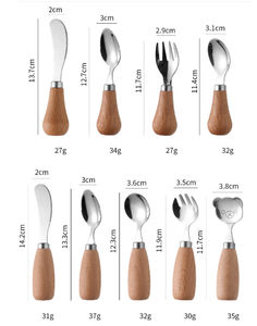 Juego de utensilios <span class=keywords><strong>para</strong></span> bebés con mango de madera, cuchara de destete de acero inoxidable 304, trituradora de alimentos <span class=keywords><strong>para</strong></span> bebés, <span class=keywords><strong>Mini</strong></span> cuchillo de mango corto, tenedor, cuchara - Product Image 6