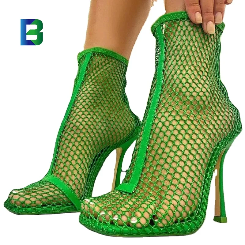 2022 New Design Green Black Square Toe Mesh Stretch Fabric Sock Boots Fashion Sexy High Heels Sandals Shoes