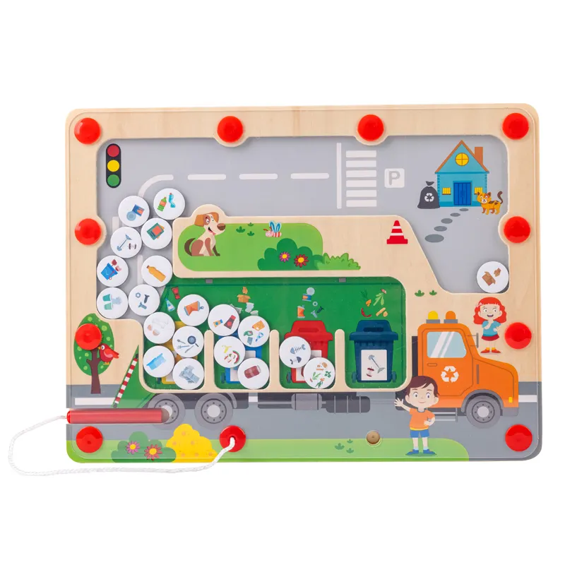 Eco Recycling Game 4-in-1 Crafts Wooden Labyrinth Magnetic Playboards Wand Wooden Maze Board Toy
