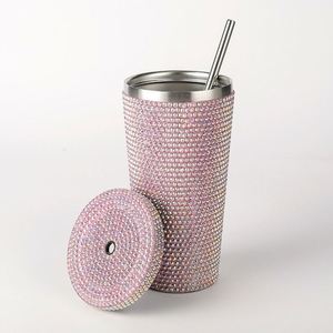 Mug de voyage de luxe en acier inoxydable à double paroi isolé, avec design diamanté scintillant, poignée et couvercle à visser, paille incluse - Product Image 3