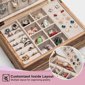 Wooden Jewelry <b>Box</b> Double Layer Linen Lined Storage Organizer With Drawer For Rings Necklaces Earrings <b>Vintage</b> Style Rectangle - Product Image 2