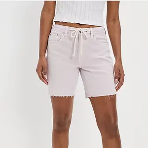 Celana pendek Jeans wanita, Jeans ketat warna putih kulit pendek pinggiran berjumbai pinggang tinggi