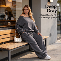 Ensemble décontracté deux pièces gris uni grande taille pour femme en molleton écologique respirant coupe ample longueur genou Printemps Automne