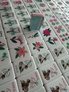 Juego de Mahjong Americano de Lujo con Fichas Florales de Acrílico, Grabado con Patrón Botánico Colorido en Tonos Menta y Rosa - Product Image 3