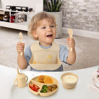 Ensemble de vaisselle en silicone de qualité alimentaire non toxique au design moderne pour enfants, comprenant une fourchette à ventouse, une cuillère, un bavoir pour tout-petits, une assiette et une boîte