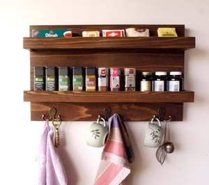 Étagère <span class=keywords><strong>murale</strong></span> flottante en bois à deux niveaux rustique avec crochets Support à épices de cuisine Caddy pour le stockage - Product Image 4