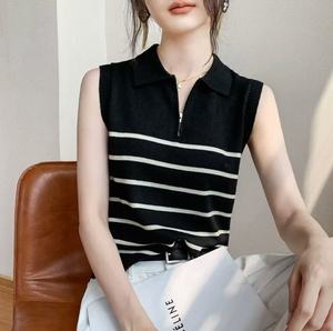 Gilet <span class=keywords><strong>tricot</strong></span>é <span class=keywords><strong>sans</strong></span> <span class=keywords><strong>manches</strong></span> à col montant et demi-zip personnalisé pour <span class=keywords><strong>femme</strong></span>, rayé, amincissant, idéal pour l'été - Product Image 6