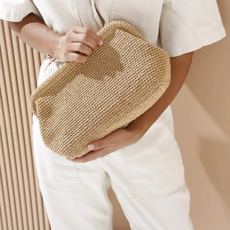 Bolsa de mão feminina para verão, sacola de praia estilo boho com palha de crochê, de malha, para hobos