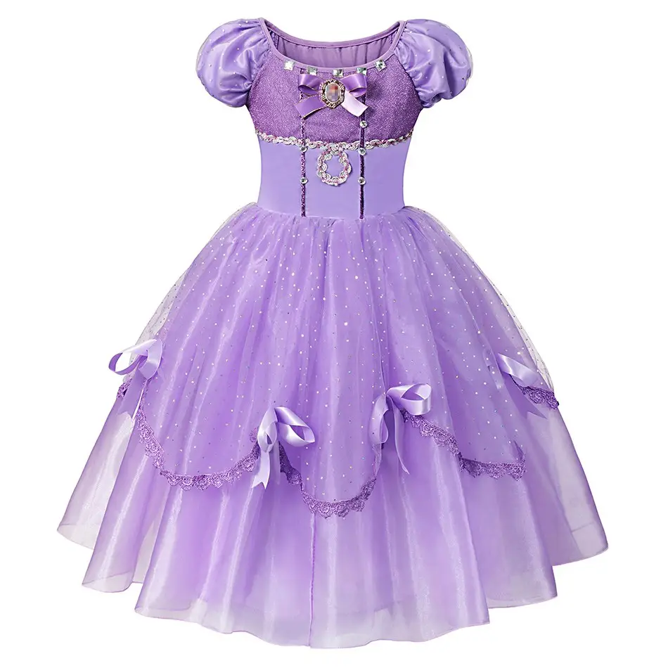 Girl Sofia Cosplay Costumes Sequin Bow Lace Purple Frock Kids Ankle Length Party Clothing Princess Dress Up Dresses For Girls