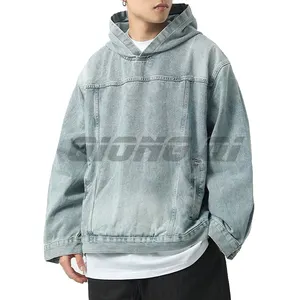OEM özel logo toptan unisex yıkanmış hoodie bırak omuz ağır erkekler kazak denim hoodie