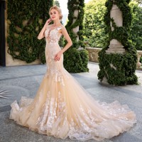 Robe de mariée sirène en dentelle avec traîne chapelle, style bohème royal, en polyester/coton anti-plis, avec queue de poisson détachable