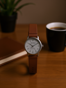 Montre mécanique Suoma, cadran rond de 30 mm, boîtier en acier inoxydable, bracelet en cuir marron, affichage analogique, unisexe - Product Image 2