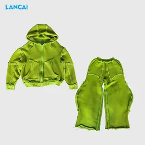 Kustom terkena jahitan tepi mentah Zip Up Hoodie yang cocok celana olahraga Set Jogger pria jalan pakaian olahraga