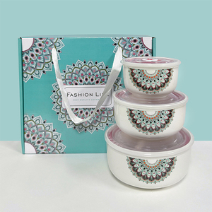 3pcs <strong>Microwave</strong> Oven Safe Ceramic Fresh <strong>Bowl</strong> <strong>with</strong> Seal <strong>Lid</strong> Ceramic <strong>Bowl</strong> Gift Box Company Fresh-keeping Food Storage Container - Product Image 1