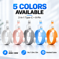 Câble de charge rapide USB-C détachable 2-en-1 multicolore 60W en nylon tressé effet cristal de glace pour téléphones mobiles – Vente en gros et e-commerce
