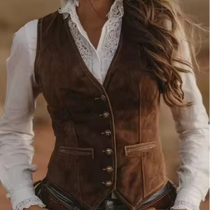 <span class=keywords><strong>Gilet</strong></span> Vintage Primaverile 2026 in Stile Western con Bottoni per <span class=keywords><strong>Donna</strong></span>, <span class=keywords><strong>Gilet</strong></span> Senza Maniche in Camoscio <span class=keywords><strong>Marrone</strong></span> da Cowboy - Product Image 2