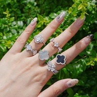 Bague Ouverte Trèfle à Quatre Feuilles Porte-Bonheur en Argent 925, Nacre Blanche, Zircon Coloré 5A, Réglable – Vente Chaude d'Été