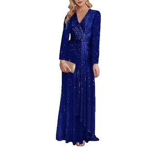 Robe de soirée sirène à sequins à manches longues et col en V avec design à nouer pour femme - Product Image 5