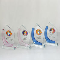 Trophée en cristal bleu et rose en gros, logo personnalisé, trophée en verre cristal, plaque pour souvenir d'entreprise