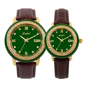 Montre pour femme en jade vert, lunette en cristal, mouvement à quartz Miyota, boîtier en alliage IPG, bracelet en PU, étanche, personnalisable - Product Image 5