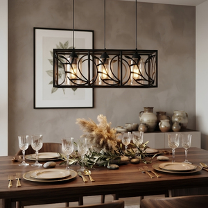 Suspension linéaire rustique à 3 lumières en fer forgé motif feuille verdoyante pour table à manger et comptoir de bar - Product Image 6