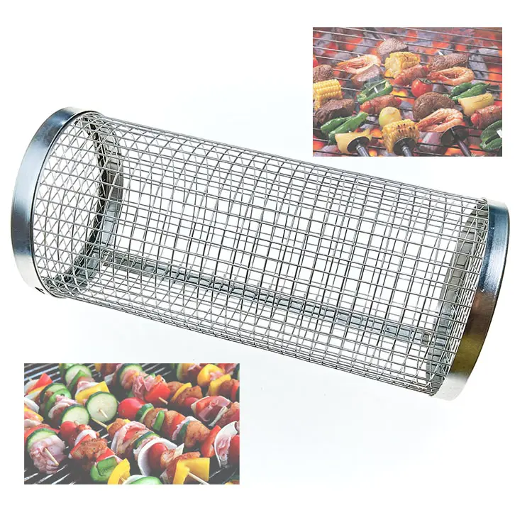 Rolling Grill Basket Edelstahl Draht Mesh Zylinder Outdoor Camping Grill käfig Gemüse Fleisch bällchen Grill käfig BBQ