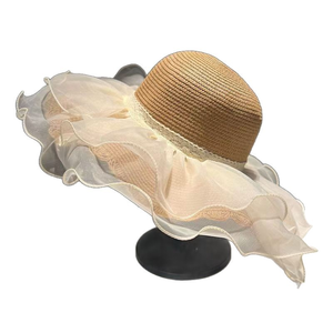 Chapeau cloche réglable en paille <span class=keywords><strong>54</strong></span>-58 cm pour <span class=keywords><strong>femme</strong></span>, avec dentelle et volants, large bord, protection UV, pour la plage, le quotidien et les fêtes - Product Image 2
