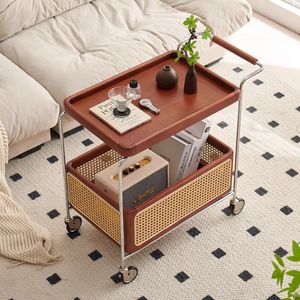 Petit chariot en bois massif, bois de cerisier, mobile, 4 roues, style nordique, table d'appoint, table de rangement, table d'angle, salon, canapé - Product Image 1