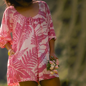 New beach print round neck wide-leg <b>short</b> <b>jumpsuit</b> custom breathable linen cotton <b>jumpsuit</b> - Product Image 1