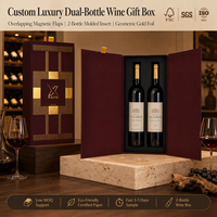 Boîte de luxe haut de gamme à double porte magnétique pour deux bouteilles de vin ou spiritueux, avec finition douce au toucher, dorure à chaud et lamination mate, et insert en EVA.